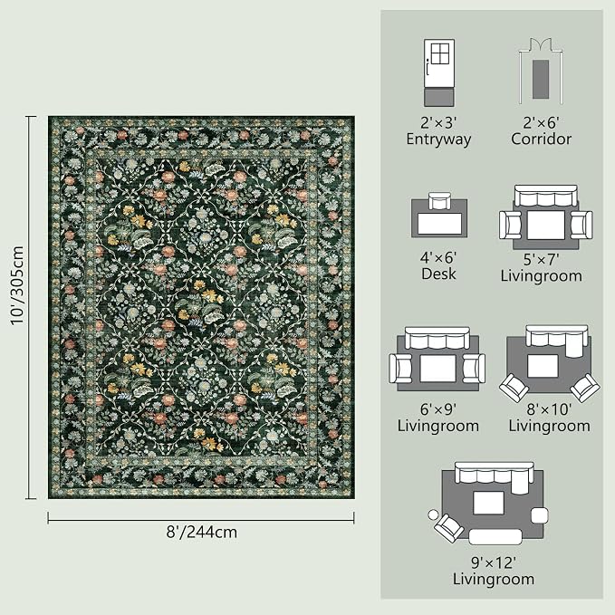 Vintage Botanical Dark Green Area Rug 8x10 Elegant Floral Pattern, Durable Stain-Resistant Fabric, Perfect for Living Room, Bedroom, Dining Room Decor