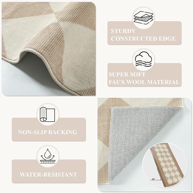 Beeiva Checkered Print 3x5 Washable Area Rug for Bedroom, Non Slip Ultra Thin Beige Entryway Rug Non Shedding Kitchen Rug 3x5, Modern Checkerboard Carpet Plaid Decor for Bathroom Office Nursery