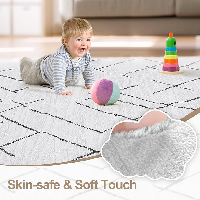 kakania Washable 8x10 Area Rug for Living Room: Boho Geometry Home Decor | Soft Stain Resistant, Low-Pile, Non-Slip, Pet & Kid Friendly, Thin Rug for Bedroom/Dining Room/Kids Dorm - Light Grey