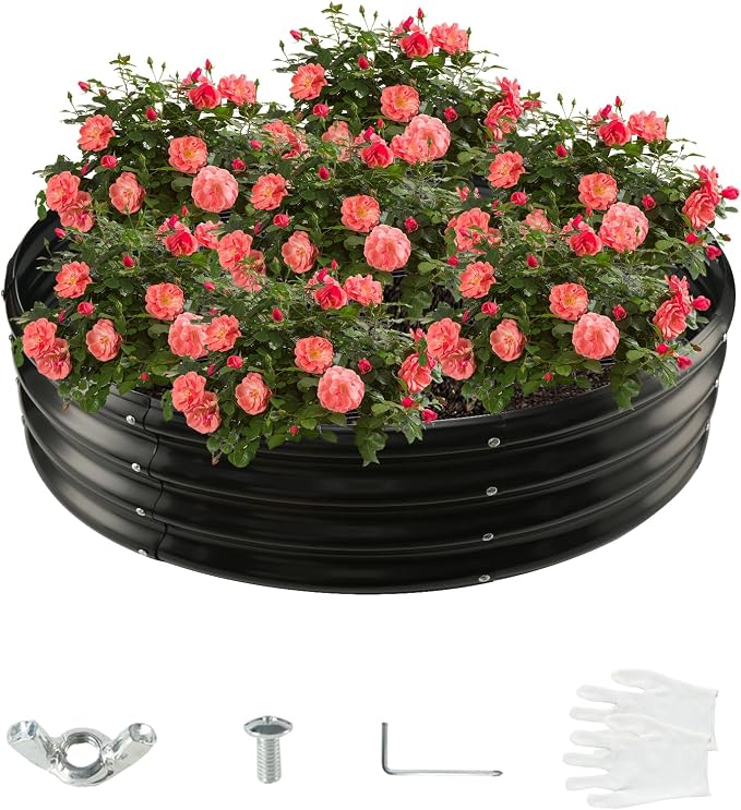 YSEJOMP 4FT Diameter Galvanized Garden Raised Bed/Plant Box/Fire Pit Ring - 0.8mm Thick,12 Inch Tall,Perfect for Planting a Variety of Flowers,Herbs,Vegetables (Black, 48 Dia X 11.5 inches)