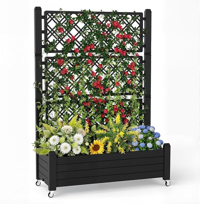 Vixzen 64" Tall Raised Garden Bed,Outdoor Large Resin Planter Box with Trellis and Drain Plug for Climbing Plants,Easy to Assemble,Water Monitor,Mobility(Black, 43.43"×18.27"×64.29")