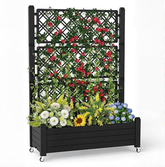 Vixzen 64" Tall Raised Garden Bed,Outdoor Large Resin Planter Box with Trellis and Drain Plug for Climbing Plants,Easy to Assemble,Water Monitor,Mobility(Black, 43.43"×18.27"×64.29")