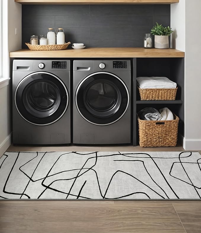 2x6 Washable Modern Black White Kitchen Runner Rug | Ultra-Thin Low Pile, Non-Slip TPE Backing, Soft Stain Resistant, Machine Washable, for Bedroom Livingroom High Traffic