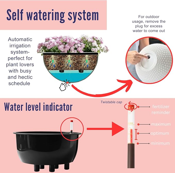 LaLaGreen Hanging Planters for Indoor Plants (11 Inch, 3 Pack) Self-Watering Round Flower Pots with Water Level Indicator, White Rattan Style Baskets with Metal Chain for Balcony, Porch Garden Outdoor