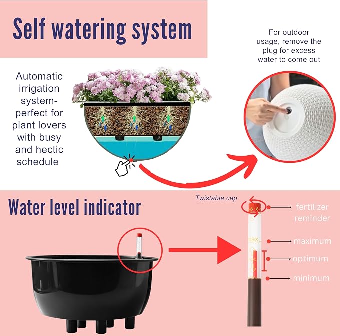 LaLaGreen Indoor Hanging Planter (11 Inch, 2 Pack) Self-Watering Round Flower Pot with Water Level Indicator, White Rattan Style Hanging Basket on Metal Chain for Balcony, Porch, Patio, Garden Decor