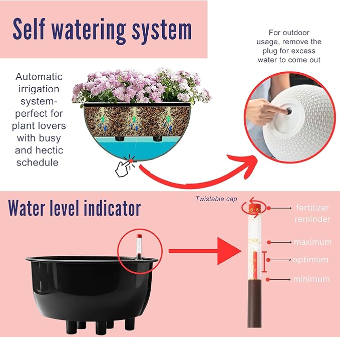 LaLaGreen Hanging Planters for Indoor Plants (11 Inch, 4 Pack) White Rattan Style Self-Watering Hanging Flower Pots with Water Level Indicator, Round Baskets Metal Chain for Balcony Patio Garden Decor