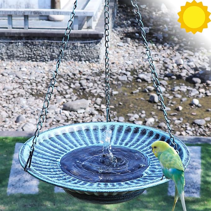 12" Hanging Solar Bird Bath,Solar Bird Bath Fountain for Garden Patio Decor | Hanging Bird Bath with Solar Fountain,Metal Bird Bath Bubbler,Hanging Bird Bath for outside (blue)