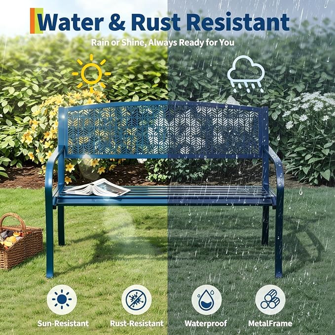 50" Outdoor Metal Garden Bench, Patio Steel Bench with Curved Backrest, Decorative Pattern, Weather-Resistant Porch Bench for Yard, Park, Deck, Backyard