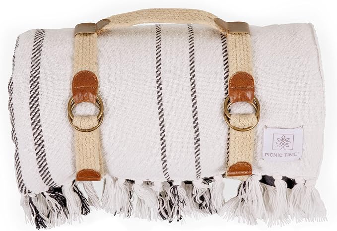 Picnic TIME Montecito Picnic Blanket with Harness, Large 60" x 70" Outdoor Blanket, Woven Cotton Top with Water-Resistant Poly Duck Backing, Sandproof Beach Mat for Camping & Travel (White & Blue)