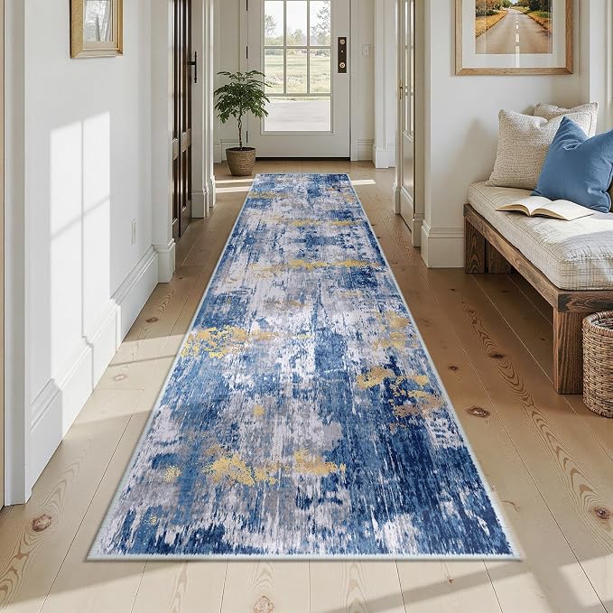 RELEANY Washable Runner 2'6"x12' Abstract Area Rug for Hallway Blue Gold | Carpet for Kitchen, Entryway, Bathroom, Living Room, Bedroom, Printed Pattern, Non‑Slip, Soft, Stain‑Resistant, Easy to Clean