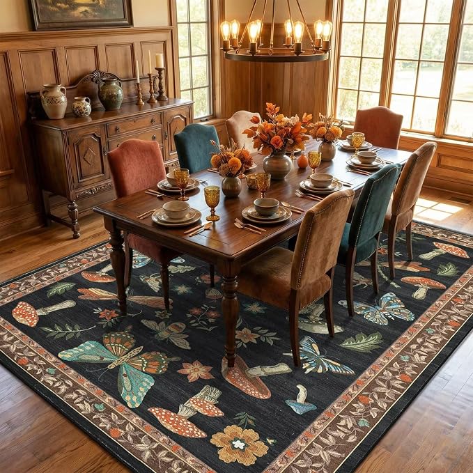 ROYHOME Mushroom 8x10 Area Rugs for Living Room Low-Pile Whimsical Cottage Core Insect Bug Butterfly Funky Dark Gothic Decor for Bedroom Nursery Dining Room Black Brown