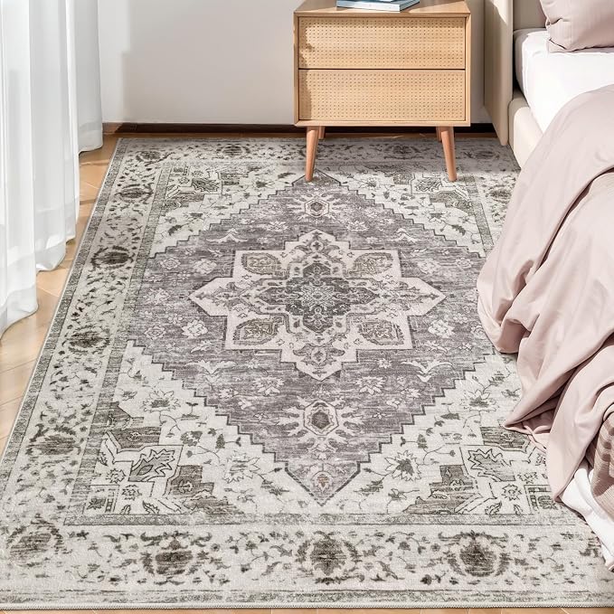SERISSA 3x5 Washable Non Slip Boho Area Rug for Bedroom，Earth Tone | Ultra Soft Vintage Oriental Carpet Low-Pile Distressed Tribal Throw Rug Carpet for Living Room Nursery Kitchen Dorm Decor