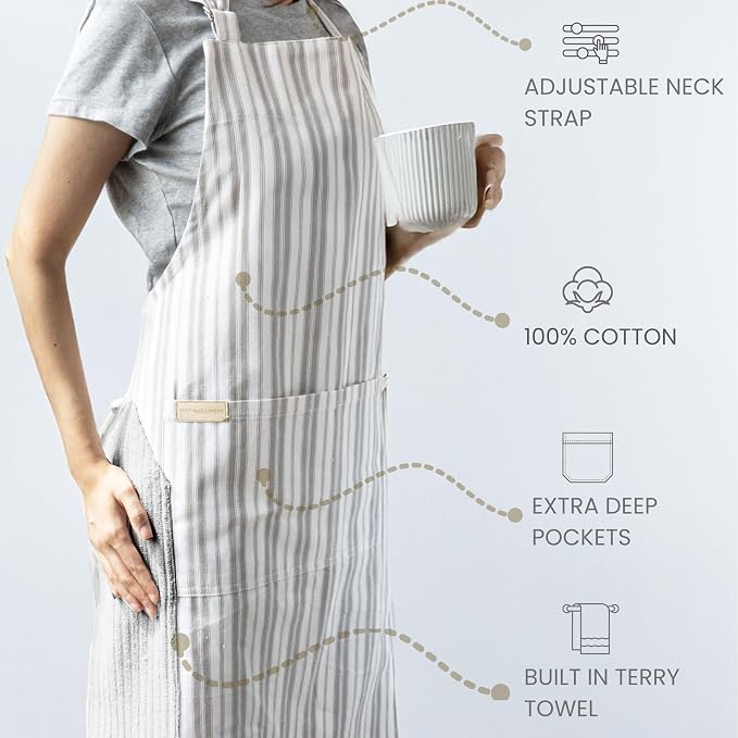 100% Cotton Kitchen Apron with 2 Pockets – Adjustable Chef Apron for Cooking Baking BBQ – Unisex Apron