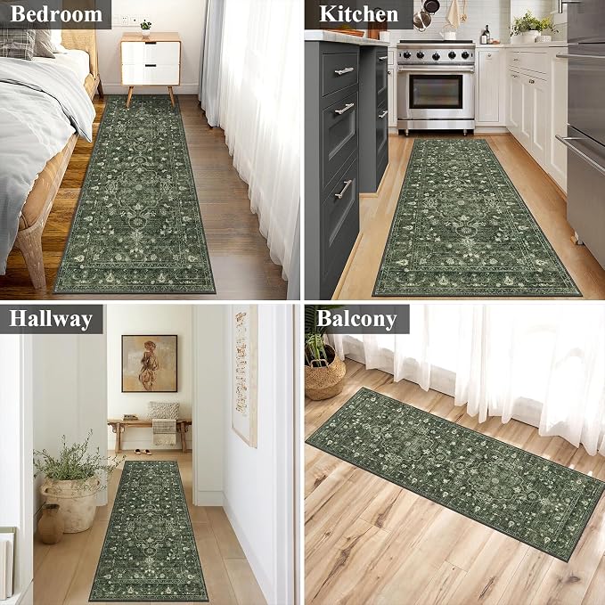 U'Artlines 2' x 6' Boho Hallway Runner Rug, Non Slip Runners, Dark Green | Washable, Vintage Farmhouse Kitchen Rug, Accent Area Carpet, for Entryway Laundry and Living Room