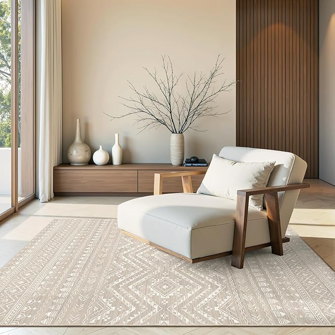 Miukiki 4x6 Washable Area Rug Non Slip Rug for Living Room Brown | Moroccan Soft Low Pile Indoor Area Rug for Living Room Bedroom Dining Room Stain Resistant Carpet with Easy Care 4'x6'