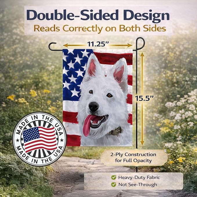 Caroline's Treasures CK6431GF Berger Blanc Suisse American Flag Garden Flag Mailbox Flag Decorative Yard Flag Banner Outside Patio Artwork Yard Flower Beds, Garden Size, Multicolor