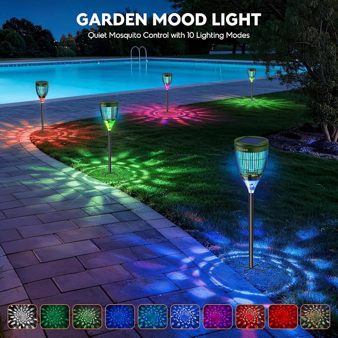 Solar Bug Zapper Outdoor, Mosquito Zapper with Flame Light & RGB Projector | Solar Powered & USB Rechargeable, IP65 Waterproof 4200V Electric Mosquito Killer for Yard Garden Camping 2000 Sq Ft