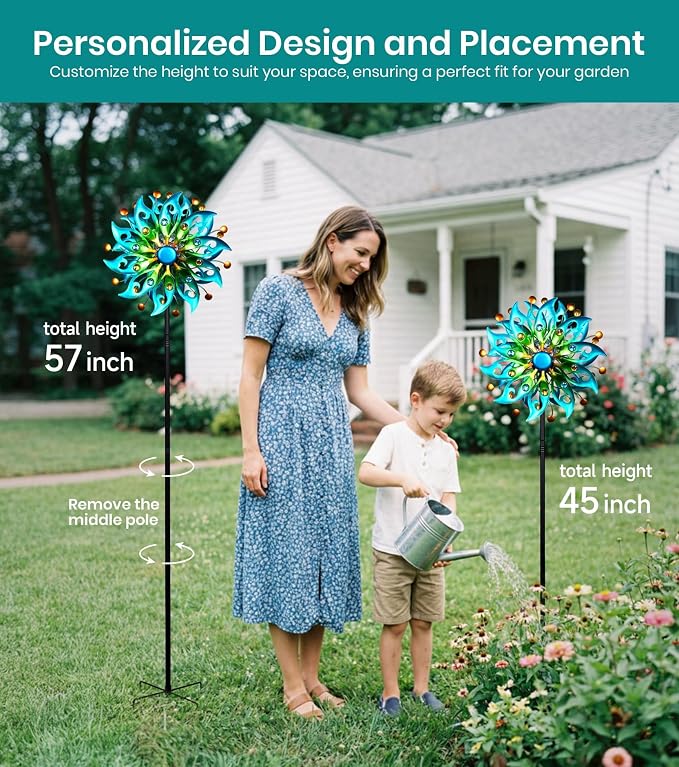 Solar Wind Spinners Outdoor, Yard Decorations Outdoor, Peacock Decor | Hand-Crafted Art,Weather-Resistant,Heavy-Duty,Whisper-Quiet Dual-Bearing,Auto-Glow Solar Crackle Ball,Stable 5-Prong Stake