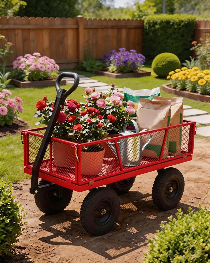 GarveeTech 400LBS Heavy Duty Steel Garden Cart, Garden Wagon Cart on Wheels, Metal Yard Utility Wagon with Removable Mesh Sides, 10" All Terrain Tires, 180° Rotating Handle for Lawn, Garden, Farm