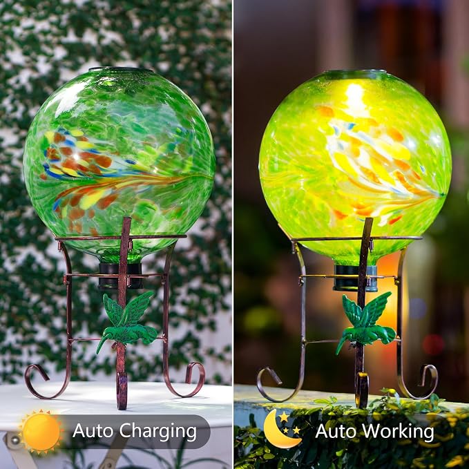 10 Inch Solar Glass Gazing Ball with 9.4" H Metal Stand | Solar Globe Ball Light Display Holder Set for Outdoor Garden Lawn Yard Decoration, Green Artistic