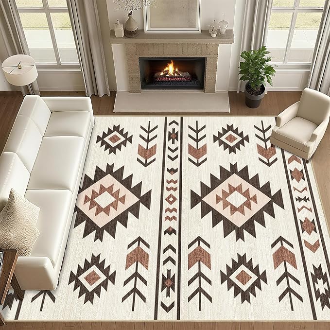 8x10 Area Rug for Living Room Western Rug Southwestern Aztec Tribal Rugs Southwest Navajo Machine Washable Non-Slip Printed Low-Pile Floor Carpet for Bedroom Dining Room Office, Beige