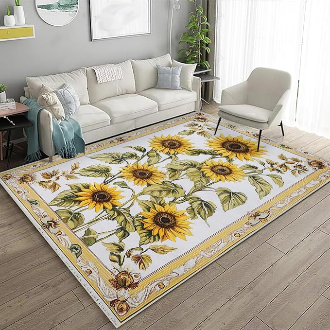 5x7 Sunflowers Flower Area Rugs Boho Floral Botanical Yellow Rug for Living Room Indoor Soft Non-Slip Thin Carpet Modern Abstract Rugs for Dining Room Office Bedroom Under Table Washable Machine