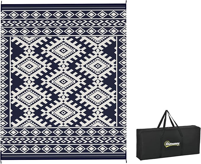 Outsunny Reversible Outdoor Rug, 8' x 10' Waterproof Plastic Straw Floor Mat, Portable RV Camping Carpet, Large Floor Mat for Backyard, Deck, Picnic, Beach, Blue & White Rhombus Border