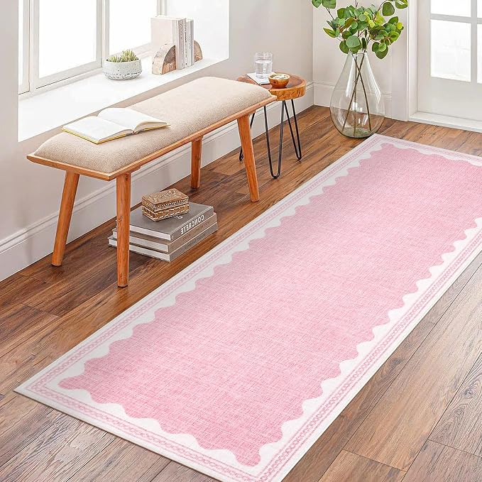 2.5x8 Scalloped Runners Pink Washable Hallways Bedroom Rug | Solid Non Slip Scalloped Bath Runner, Rugs for Bedroom Girls, Rugs for Kitchen Floor Soft Dorm Nursery Carpet for Bedside