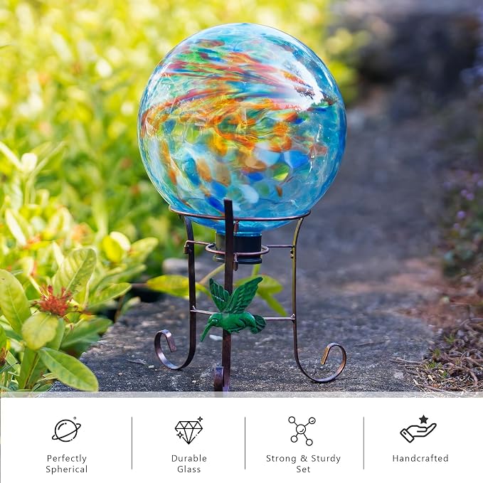 10 Inch Glass Gazing Ball with 9.4" H Metal Stand | Glass Gazing Globe Display Holder Set for Outdoor Garden Lawn Yard Decoration, Blue Artistic