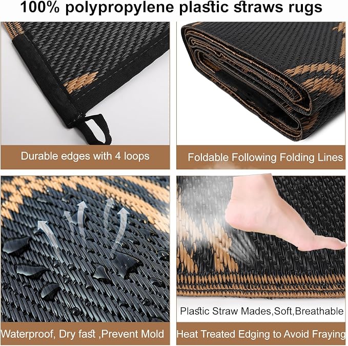Alfolo 9x12 Outdoor Rug for Patio & RV Camping - Waterproof Plastic Straw Mat with Corner Loops & Carry Bag - Reversible, UV Fade-Resistant & Easy to Clean (Black/Brown)