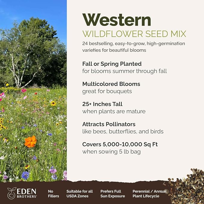 Eden Brothers Western Wildflower Mixed Seeds for Planting, 5 lb, 2,400,000+ Seeds with Cornflower, Blanket Flower | Attracts Pollinators, Plant in Spring or Fall, Zones 3, 4, 5, 6, 7, 8, 9, 10