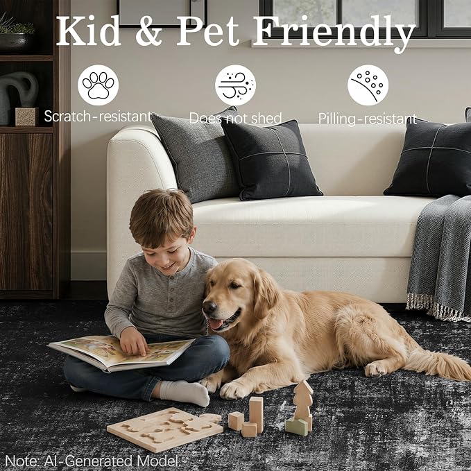 DCX Washable Abstract Area Rug 5x7, Non Slip Low Pile Rug, Black | Easy to clean, non-shedding, soft, kid & pet friendly, with a non-slip rubber backing for living rooms, bedrooms, and offices