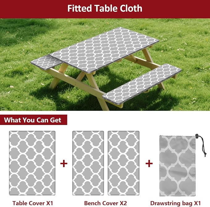6ft Picnic Table and Bench Cover, Camping Essentials RV Gear, 72in Waterproof Windproof Outdoor Elastic All Around Tablecloth, Fitted Rectangle Tables and Seats, Gray-White Moroccan
