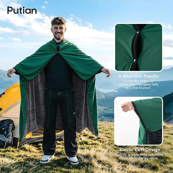 PuTian Waterproof Outdoor Blanket 79"X57" Packable, Stadium & Car Camping Blanket with Corduroy Fleece Lining, Windproof Throw for Picnic Hiking Road Trip, Machine Washable, Green 350GSM