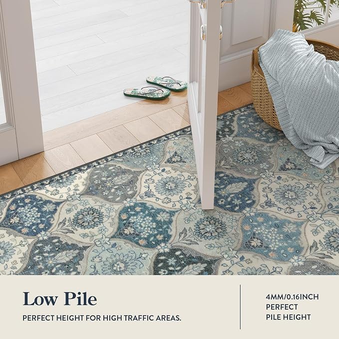 Lahome Moroccan Trellis Front Door Mat Indoor Entrance, 2x3 Rugs for Entryway Non-Slip Washable Indoor Door Mat, Oriental Accent Small Rug for Kitchen Bedroom Bathroom Elise, Blue