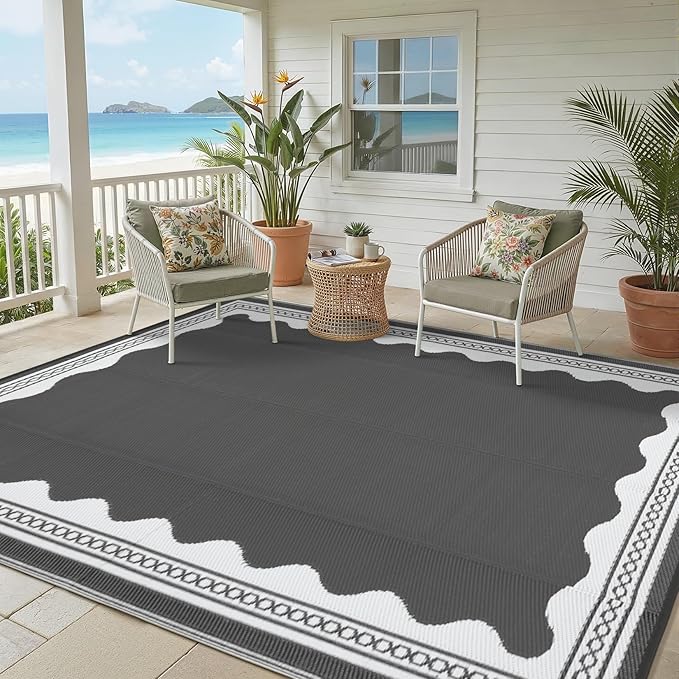 Garvee Outdoor Rug 8x10 Scalloped Waterproof Patio RV Outdoor Rugs Reversible Foldable Plastic Straw Rug Modern Camping Carpet for Deck Camper Porch Balcony Backyard Picnic Beach Grey