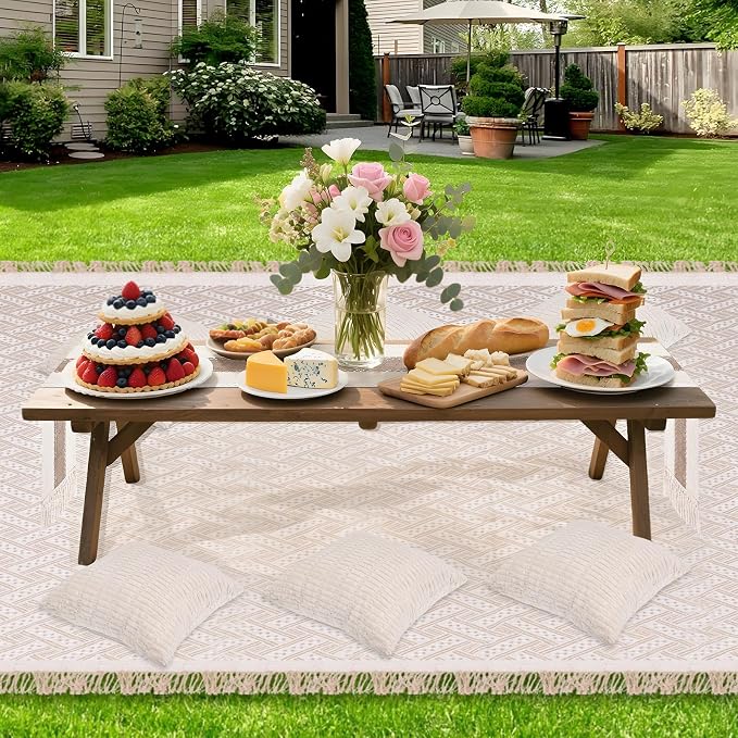 Foxtell 5.9x7.5ft Extra Large Outdoor Boho Picnic Blanket with White Table Runner & 6 Pillow Covers, Machine Washable Picnic Blankets Outdoor Blanket for Summer Picnic Camp Beach Wedding