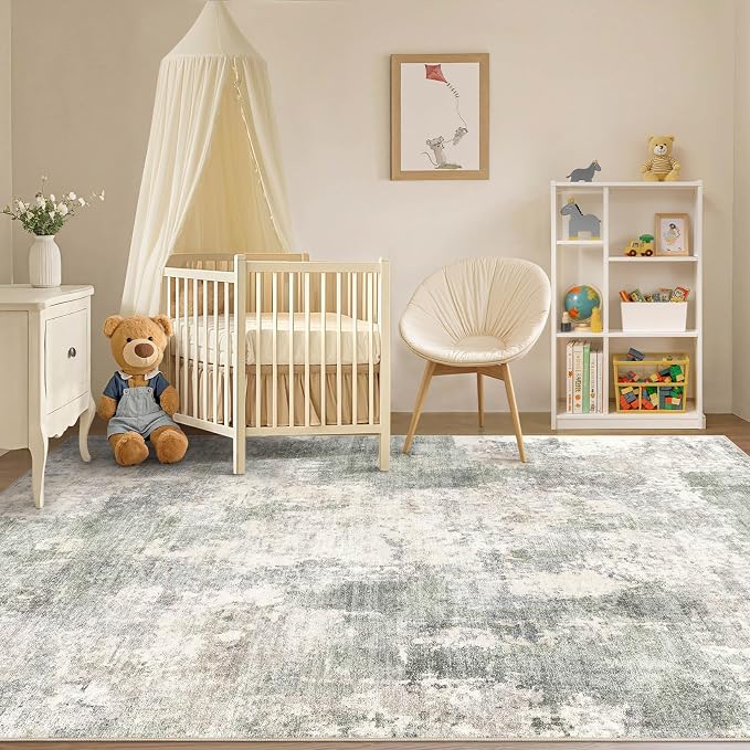 Tortania Washable 6x9 Area Rug for Living Room: Modern Abstract Neutral Large Soft Thin Rugs - Non Slip Indoor Carpet for Bedroom Dining Room Office Nursery Home Floor Decoration - Gray Green