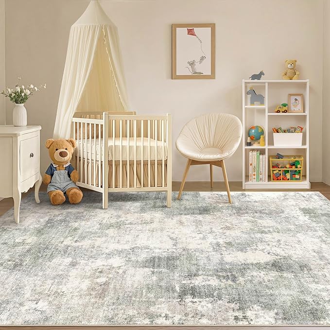 Tortania Washable 8x10 Area Rug for Living Room: Modern Abstract Neutral Large Soft Thin Rugs - Non Slip Indoor Carpet for Bedroom Dining Room Office Nursery Home Floor Decoration - Gray Green