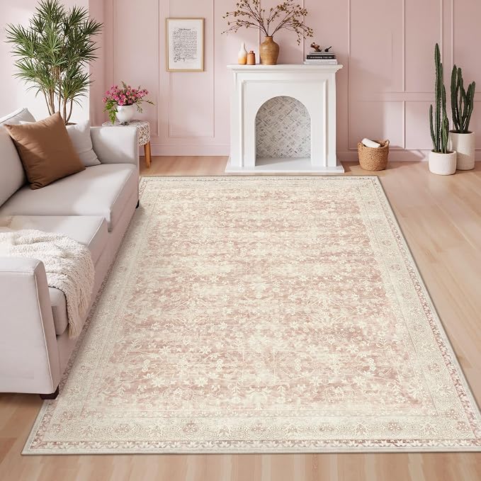 Latte&Fog Washable Area Rugs for Living Room 5x7 Pink Rug for Girls Bedroom | Non Slip Low Pile Soft Floral Cute Carpet for Dining Kitchen Kids Playroom Nursery Guest Room Classroom Dorm Farmhouse Office