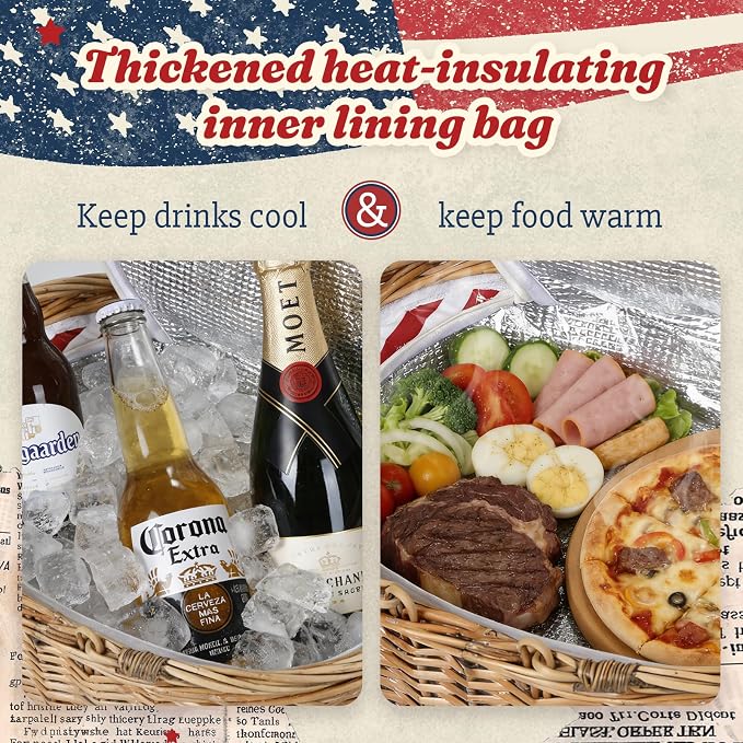 Wicker Picnic Basket with Insulated Lined Bag 15“ x 11” x 7“ Red, White Star Stripe Pattern, Iced Beer Insulated Bag for Camping, Picnics, Birthday Gifts, Wedding Gifts