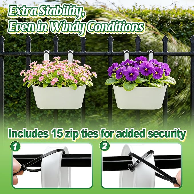MADHOLLY Railing Planter with Drainage Holes - Sturdy Bucket Pots for Railing Fence, Countryside Style Metal Flower Pots for Herbs Balcony Garden Yard Decor, 2Pcs, White