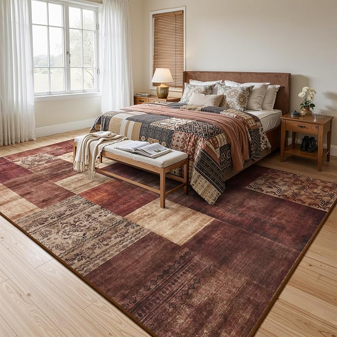 Washable Area Rugs 4x6 for Living Room, Modern Geometric Red Soft Patchwork Carpet, Non-Slip Stain Resistant Throw Rug for Bedroom Dining Room Office Home Decor