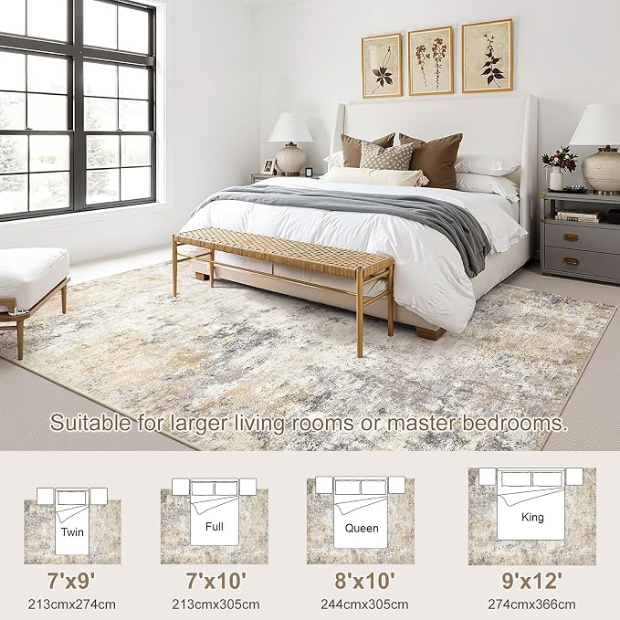 UERMEI 9x12 Area Rug Living Room Rugs - Washable Neutral Modern Abstract Soft Thin Large Rug Indoor Floor No Slip Rug Carpet for Bedroom Under Dining Table Home Office Decor - Golden Grey