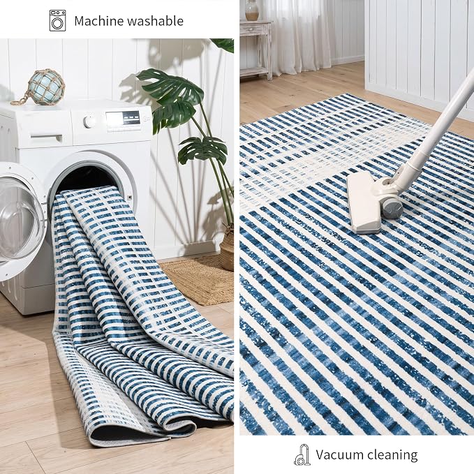 Washable 6x9 Modern Striped Area Rug, Abstract Living Room Rug | Beige Blue, Soft Low Pile, Skin Friendly, Non-Slip for High Traffic, Bedroom Vintage Coastal Nautical Style Home Decor