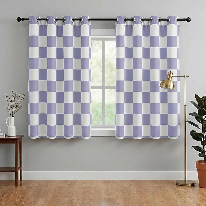100% Blackout Checkered Curtains – 2 Panels, Each W52×L63, Thermal Insulated, Nosie Reducing for Bedroom, Modern Lilac and White Checkerboard Design for Girl's Room