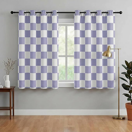 100% Blackout Checkered Curtains – 2 Panels, Each W52×L63, Thermal Insulated, Nosie Reducing for Bedroom, Modern Lilac and White Checkerboard Design for Girl's Room