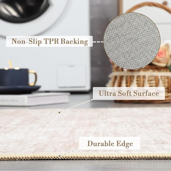 GarveeHome 2x6 Runner Rug Modern Washable Kitchen Rugs, Non Slip Non Shedding Solid Color Accent Rug Stain Resistant Low Pile Floor Cover, Contemporary Foldable Thin Mats for Bathroom, Hallway, Beige