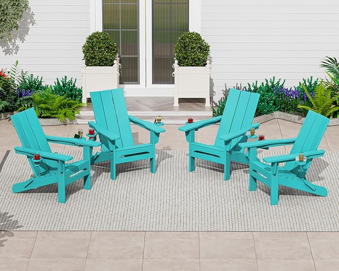 SERWALL Modern Adirondack Chair Set of 4, Folding Adirondack Chair with Cup Holders, Outdoor HDPE Adirondack Chair, Teal