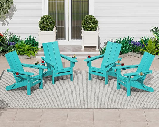 SERWALL Modern Adirondack Chair Set of 4, Folding Adirondack Chair with Cup Holders, Outdoor HDPE Adirondack Chair, Teal
